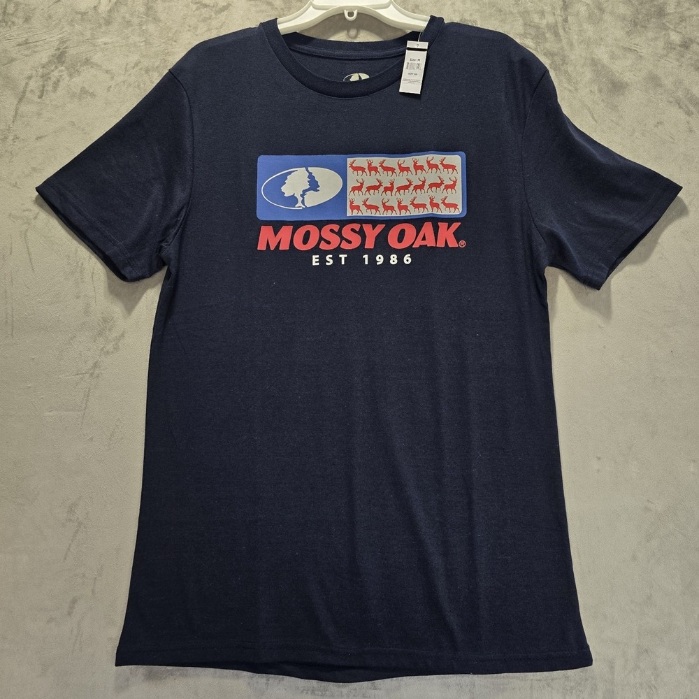 Mossy Oak Logo T-Shirt Men's Medium Navy‎ Blue Deer Elk Outdoors Hunting  NWT